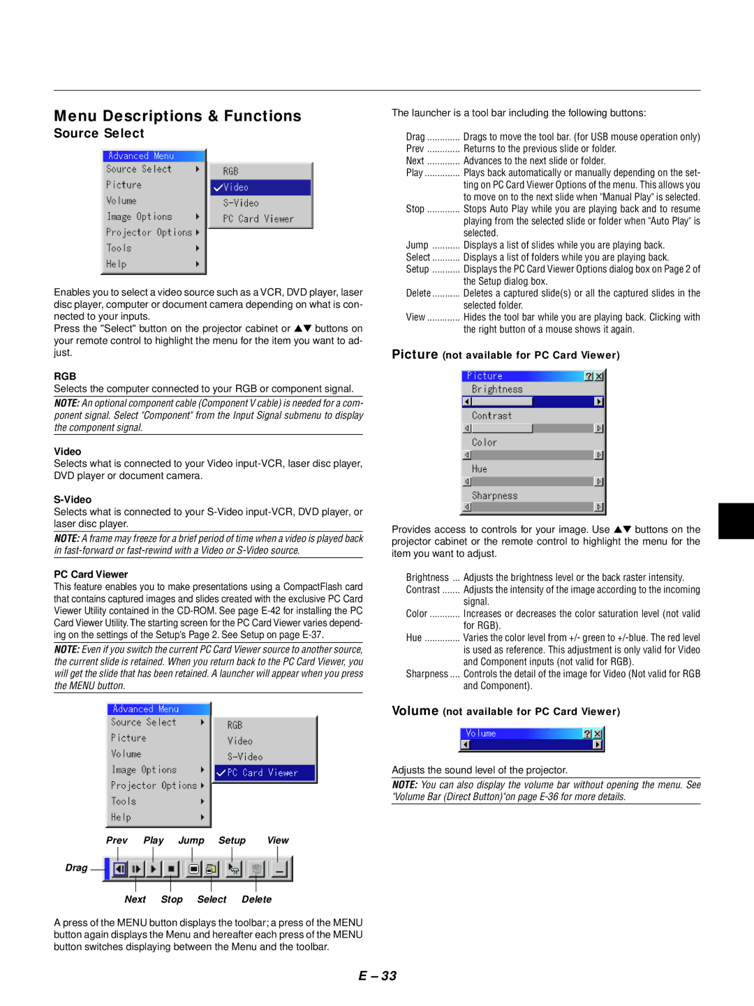 NEC LT155, LT154 user manual Menu Descriptions & Functions, Source Select, Picture not available for PC Card Viewer 