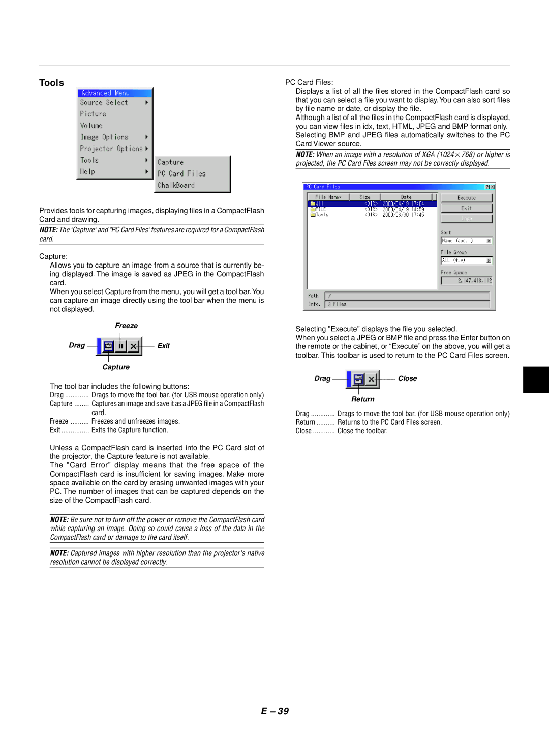 NEC LT155, LT154 user manual Tools, Freeze Drag Exit Capture, Drag Close Return 