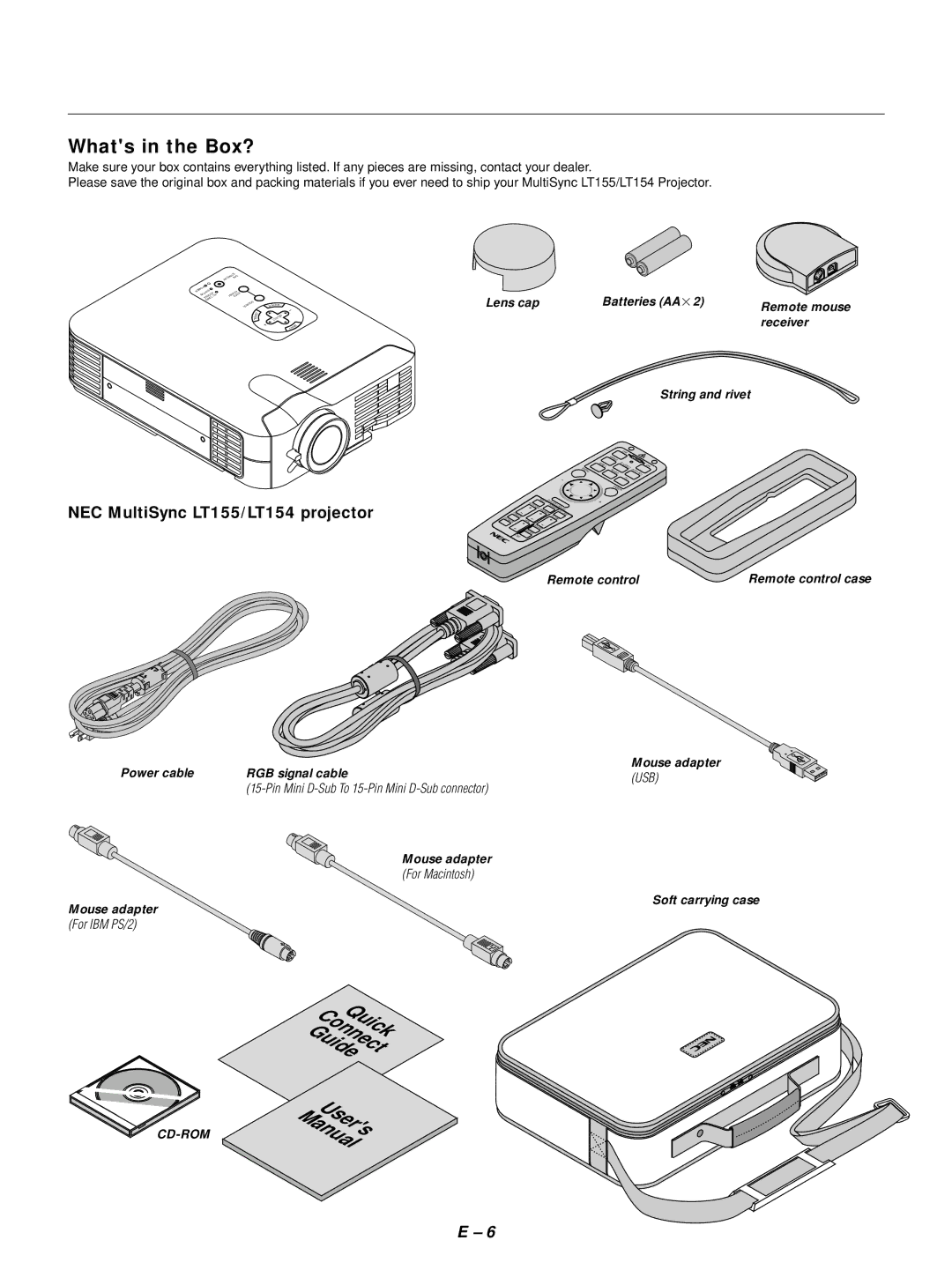 NEC user manual Whats in the Box?, NEC MultiSync LT155/LT154 projector 