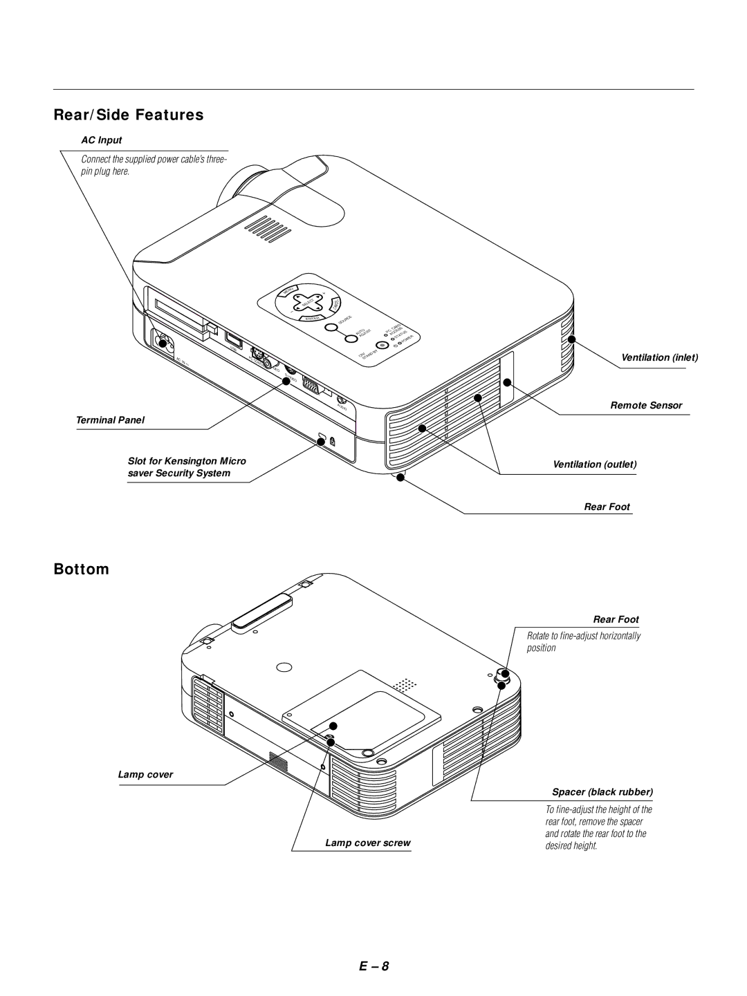 NEC LT154, LT155 user manual Rear/Side Features, Bottom 