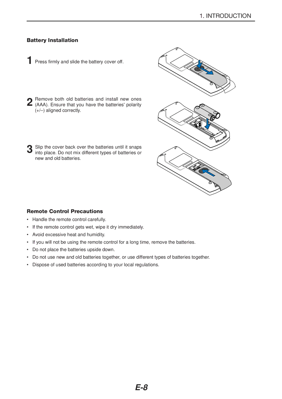 NEC LT180 manual Battery Installation, Remote Control Precautions 