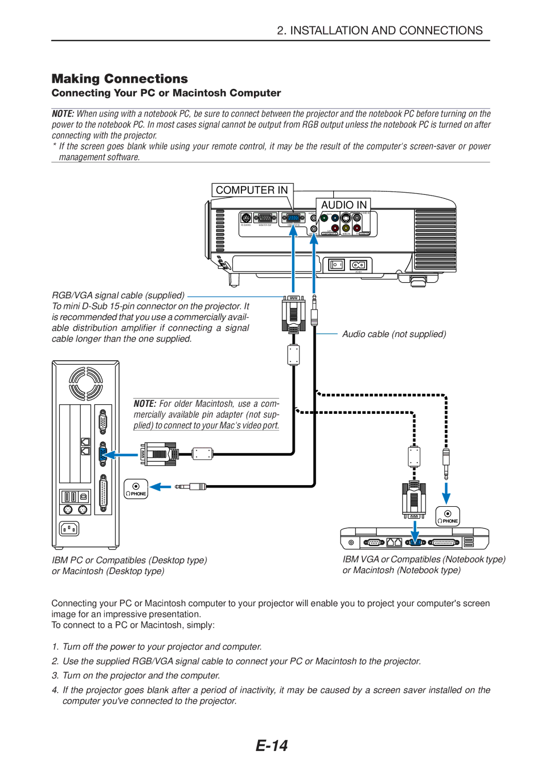 NEC LT180 manual Making Connections, Connecting Your PC or Macintosh Computer 