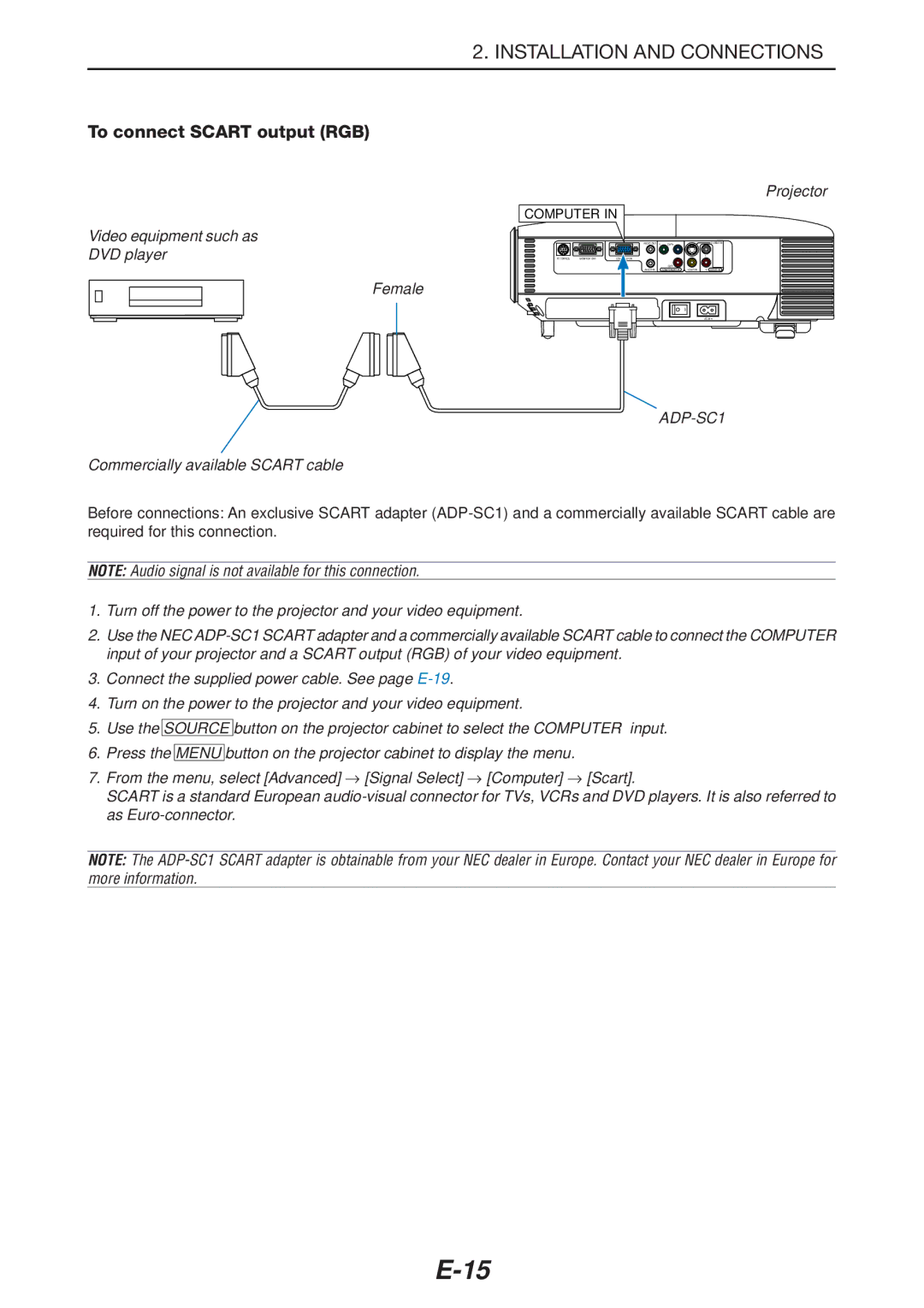 NEC LT180 manual To connect Scart output RGB, ADP-SC1 