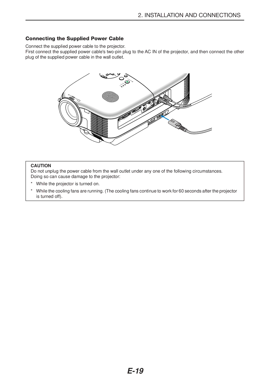 NEC LT180 manual Connecting the Supplied Power Cable 