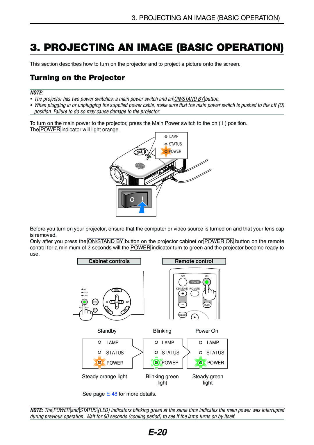 NEC LT180 manual Projecting AN Image Basic Operation, Turning on the Projector, Cabinet controls Remote control 