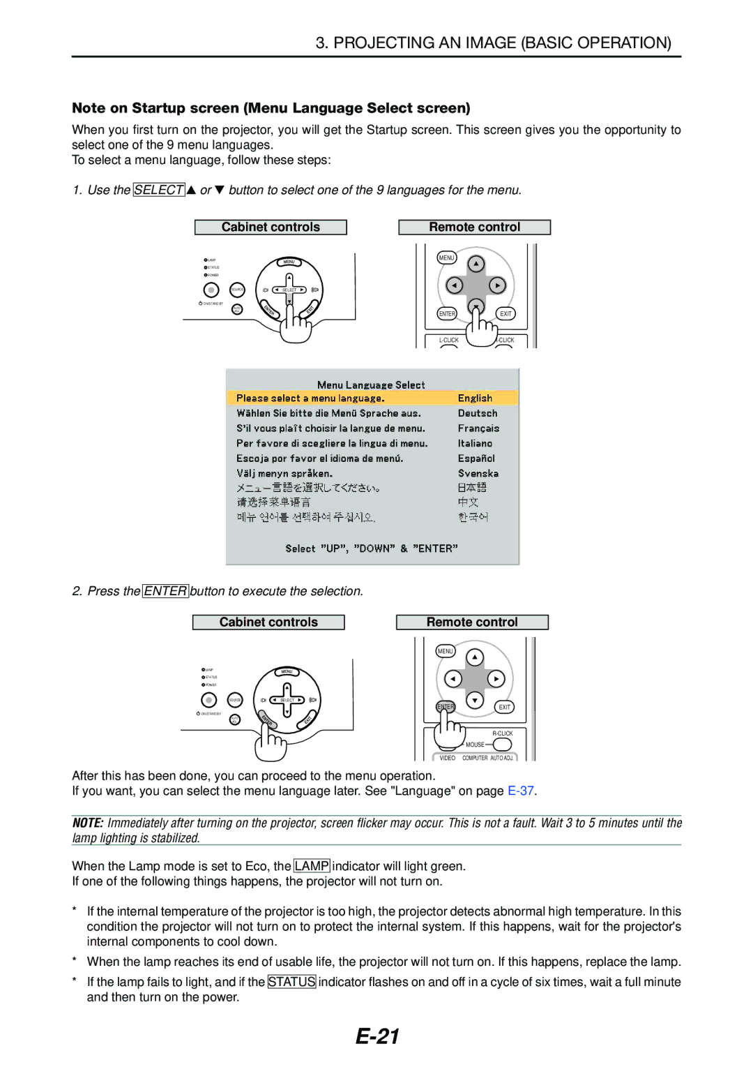 NEC LT180 manual Cabinet controls 