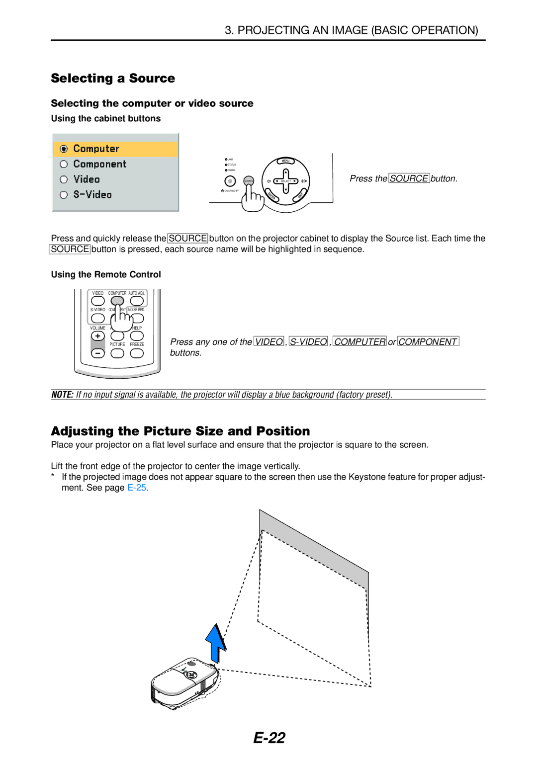 NEC LT180 manual Selecting a Source, Adjusting the Picture Size and Position, Selecting the computer or video source 