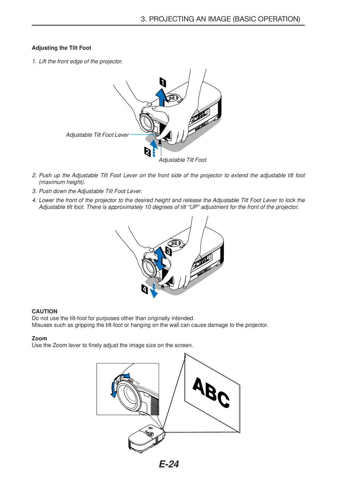 NEC LT180 manual Adjusting the Tilt Foot, Zoom 