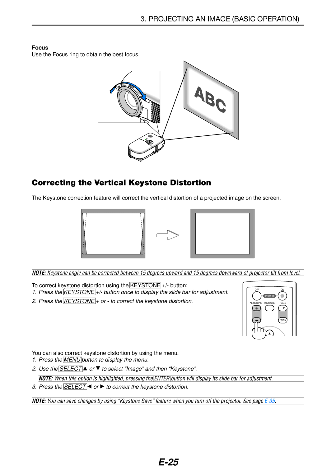 NEC LT180 manual Correcting the Vertical Keystone Distortion, Focus 