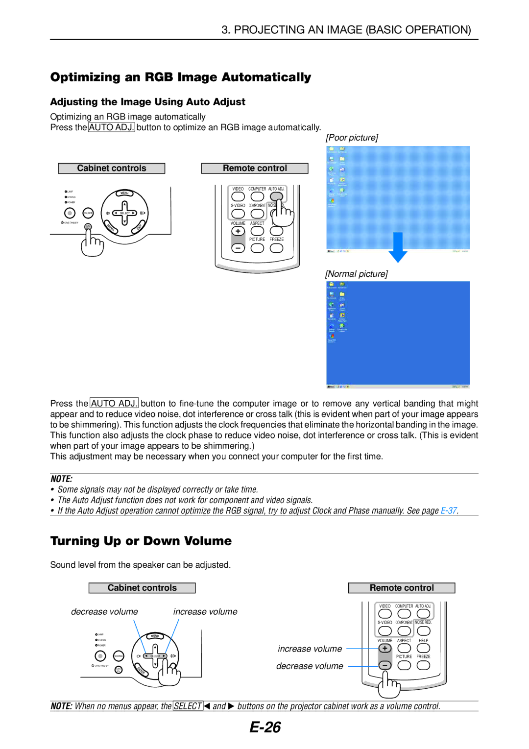 NEC LT180 manual Optimizing an RGB Image Automatically, Turning Up or Down Volume, Adjusting the Image Using Auto Adjust 