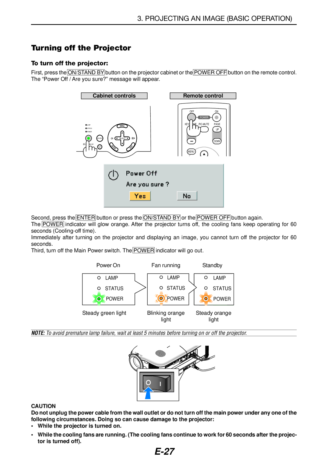 NEC LT180 manual Turning off the Projector, To turn off the projector 