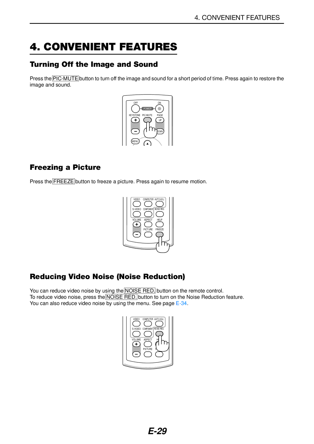 NEC LT180 Convenient Features, Turning Off the Image and Sound, Freezing a Picture, Reducing Video Noise Noise Reduction 