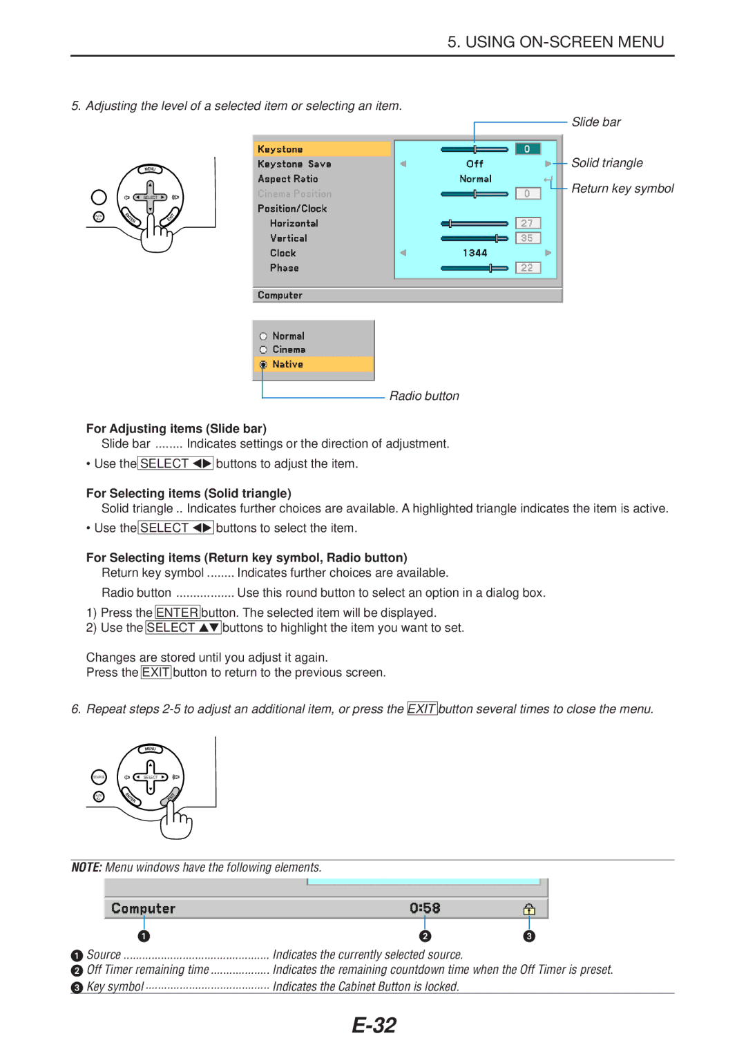 NEC LT180 manual For Adjusting items Slide bar, For Selecting items Solid triangle 