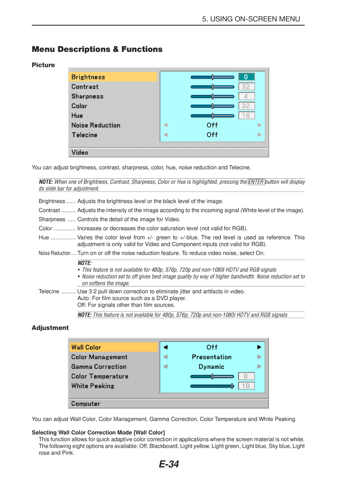 NEC LT180 manual Menu Descriptions & Functions, Picture, Adjustment, Selecting Wall Color Correction Mode Wall Color 