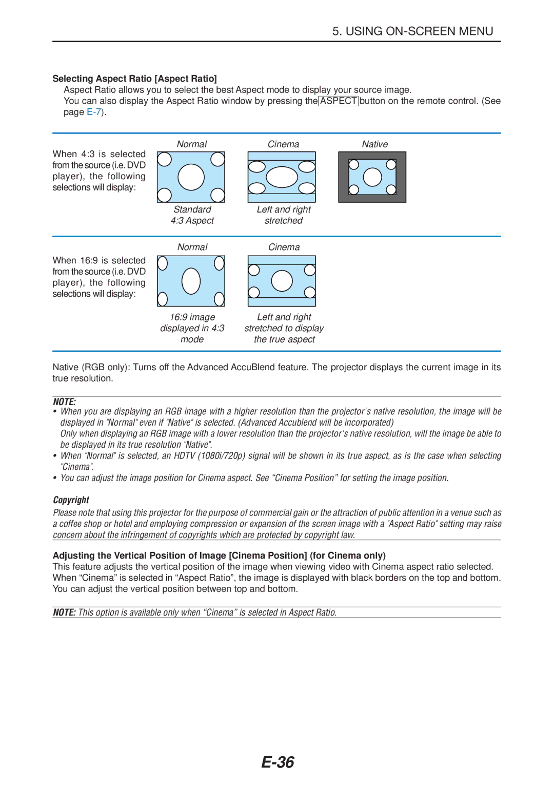 NEC LT180 manual Selecting Aspect Ratio Aspect Ratio, Normal Cinema Native 