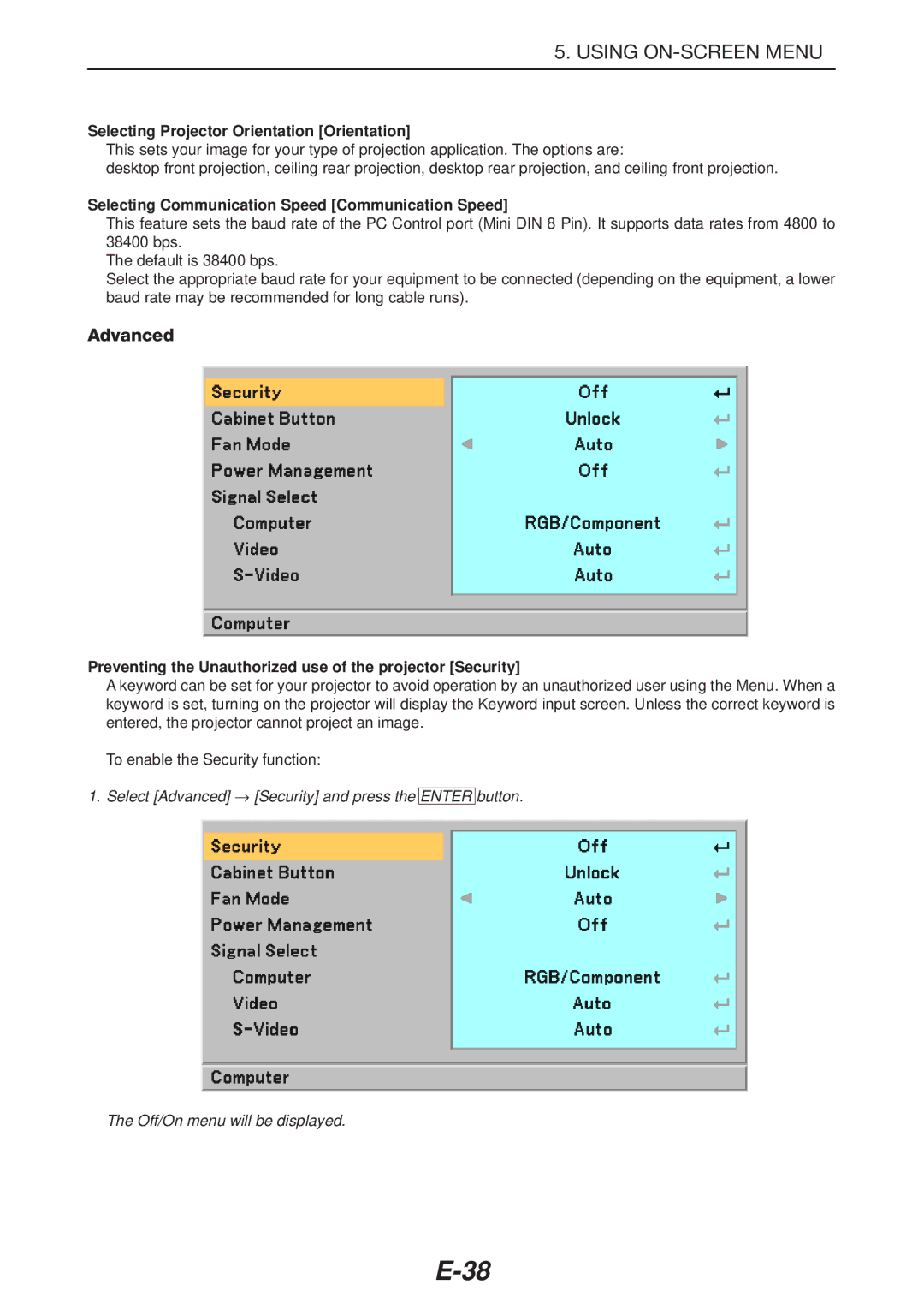 NEC LT180 manual Advanced, Selecting Projector Orientation Orientation, Selecting Communication Speed Communication Speed 