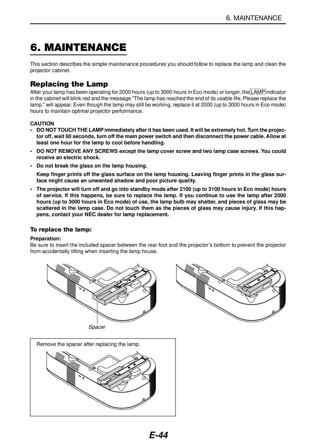 NEC LT180 manual Maintenance, Replacing the Lamp, To replace the lamp, Preparation 