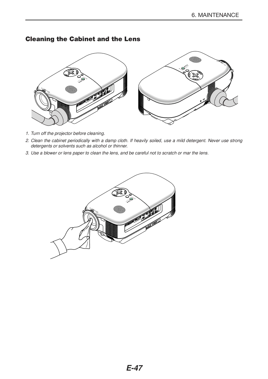 NEC LT180 manual Cleaning the Cabinet and the Lens 