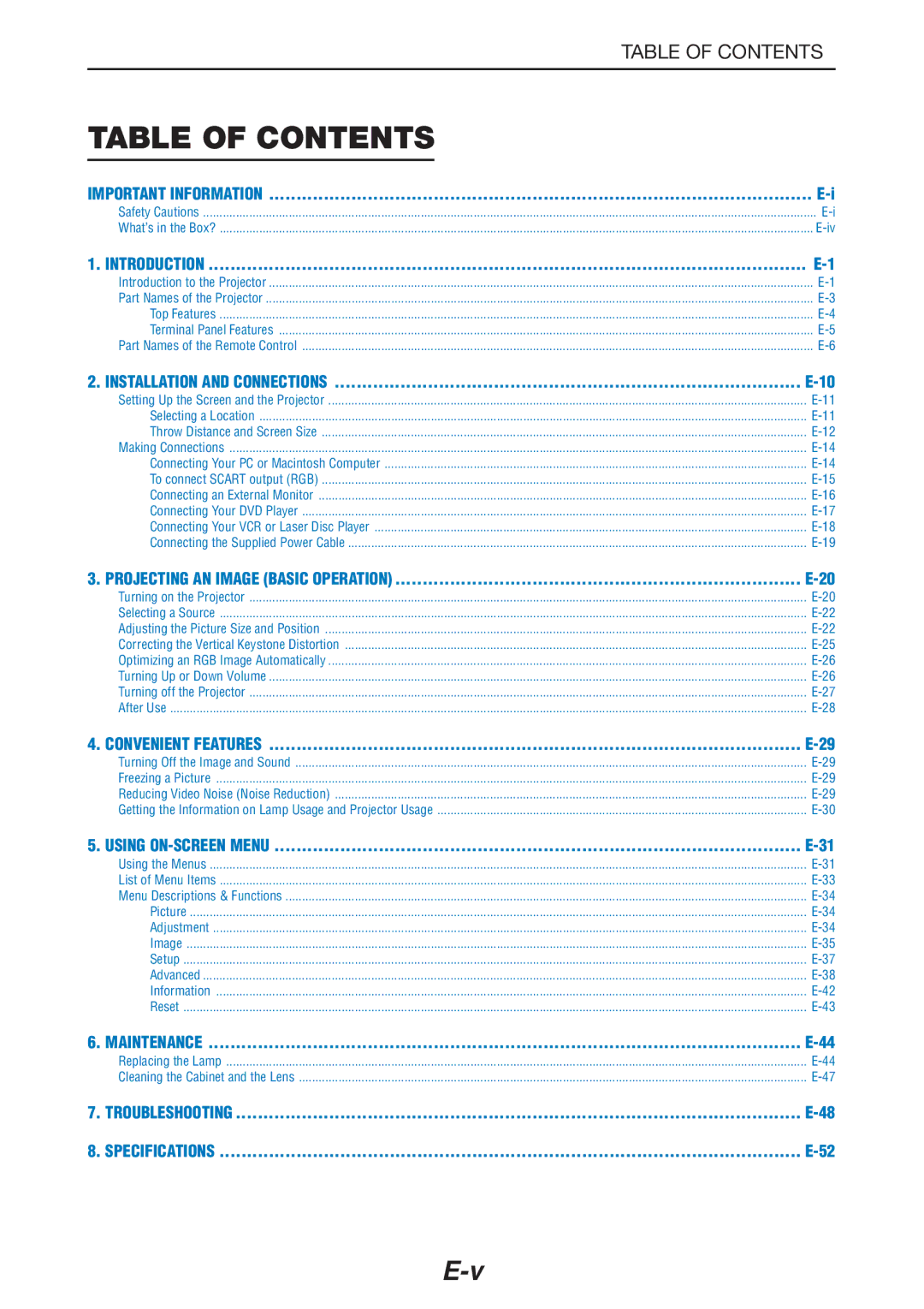 NEC LT180 manual Table of Contents 