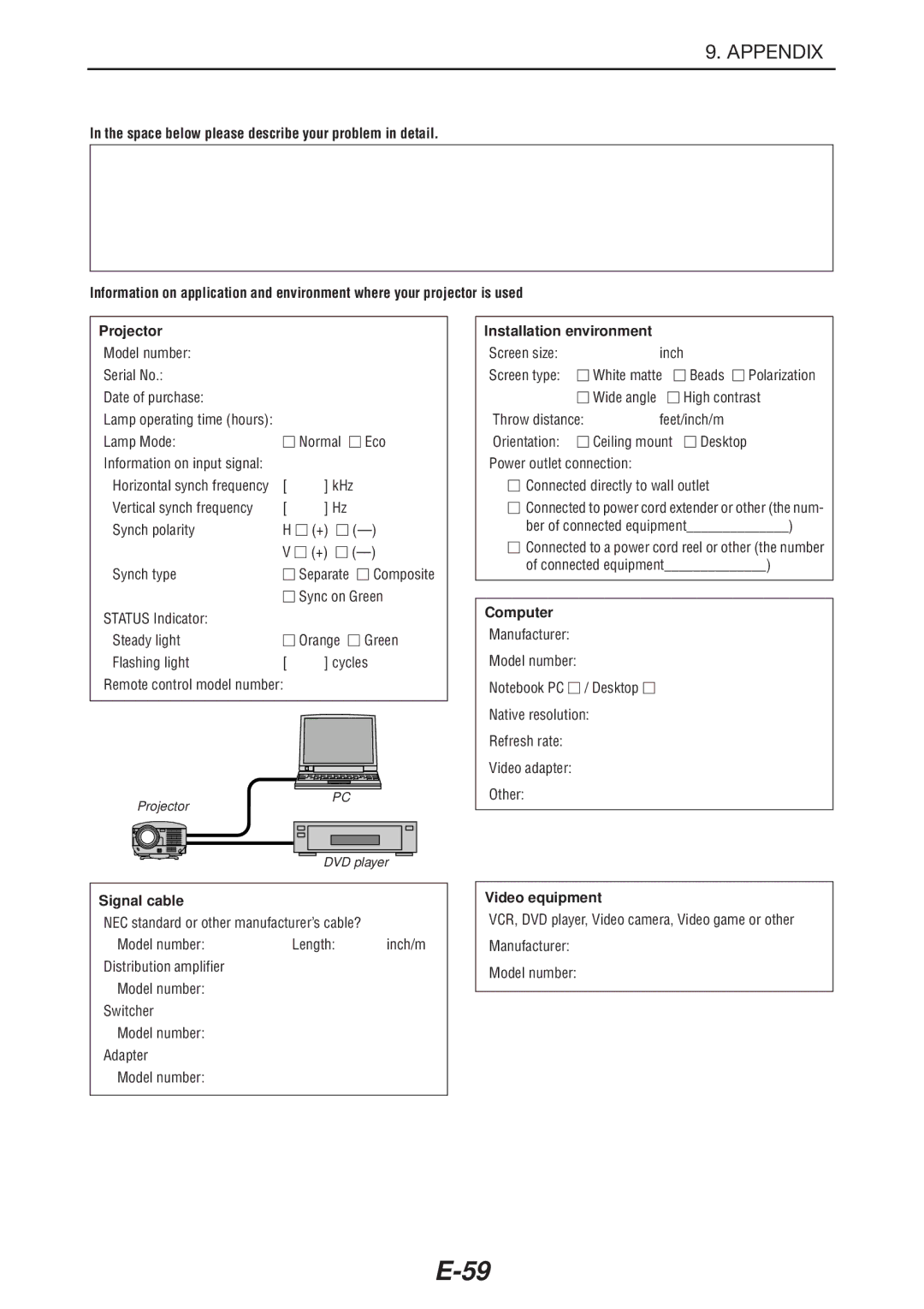 NEC LT180 manual Installation environment, Computer, Signal cable, Video equipment 