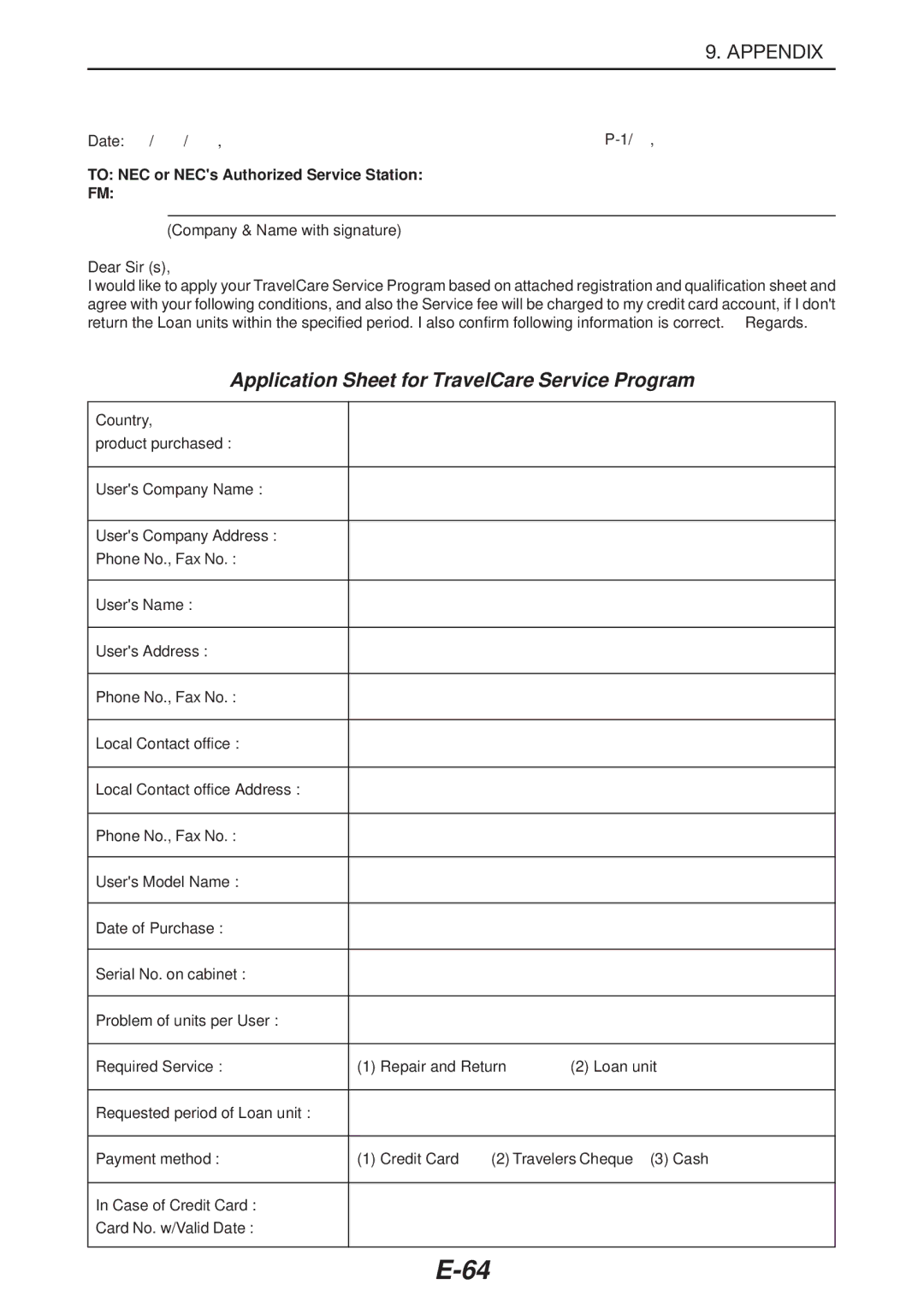 NEC LT180 manual To NEC or NECs Authorized Service Station, Company & Name with signature Dear Sir s 