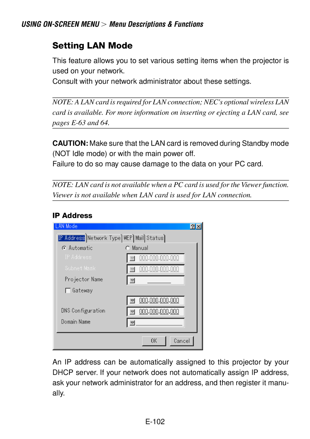 NEC LT240, LT260 user manual Setting LAN Mode, IP Address 