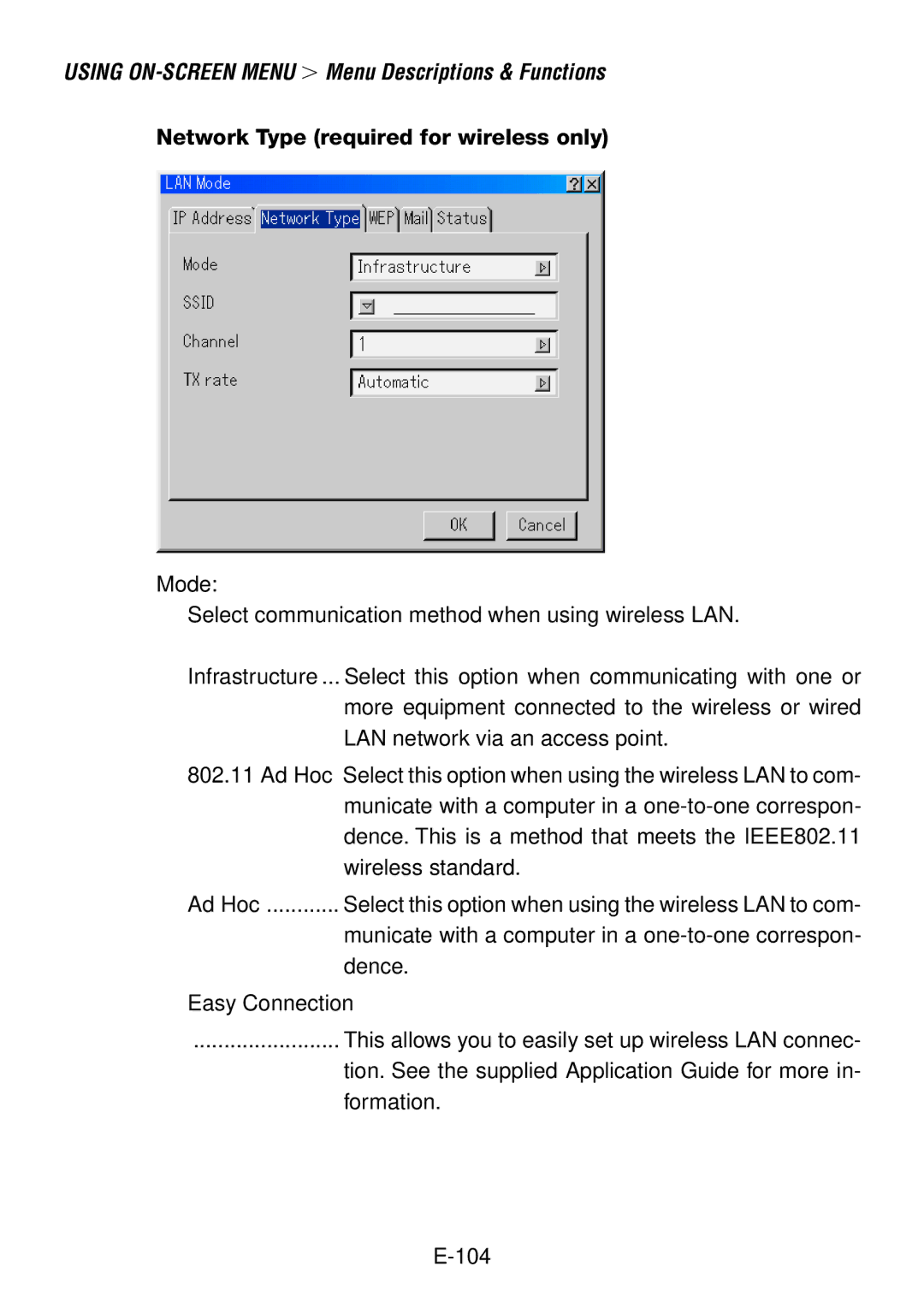 NEC LT240, LT260 user manual Network Type required for wireless only 