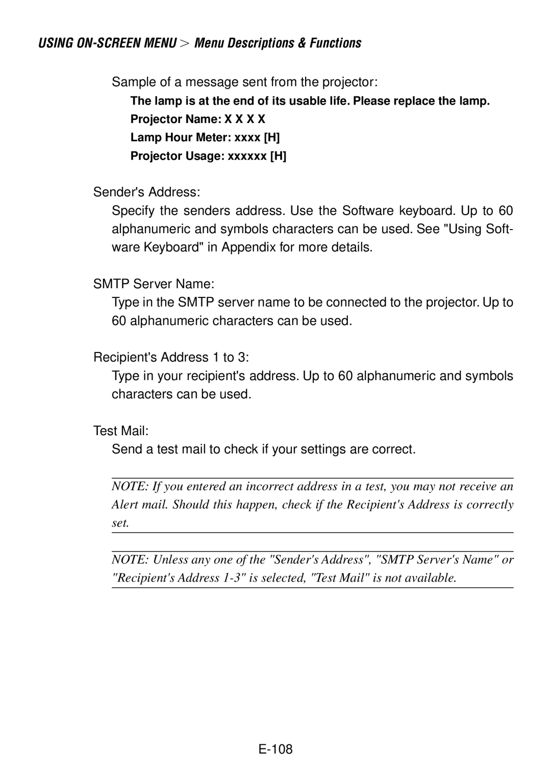 NEC LT240, LT260 user manual Sample of a message sent from the projector 