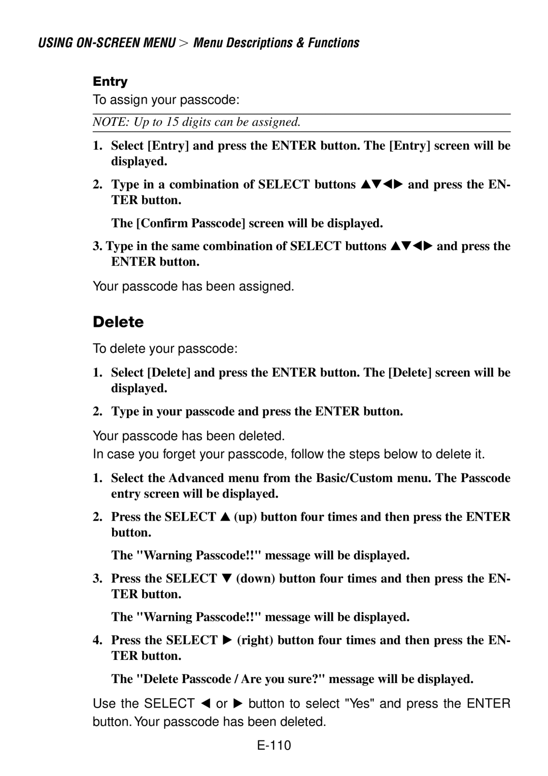 NEC LT240, LT260 user manual Delete, Entry 