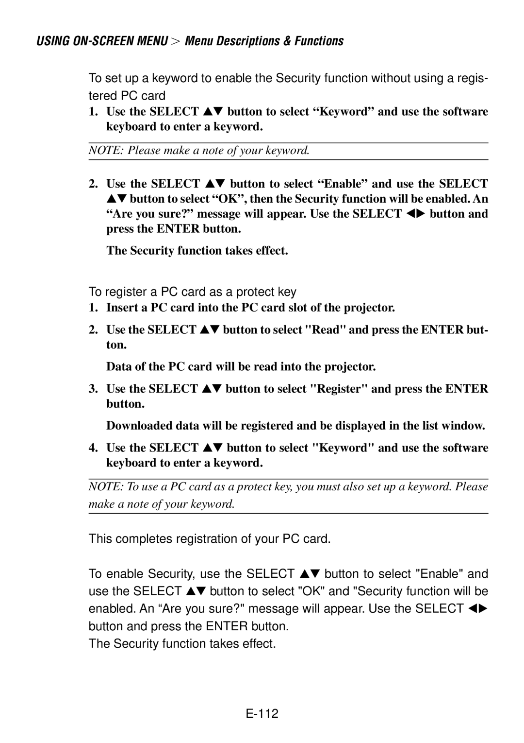 NEC LT240, LT260 user manual To register a PC card as a protect key 