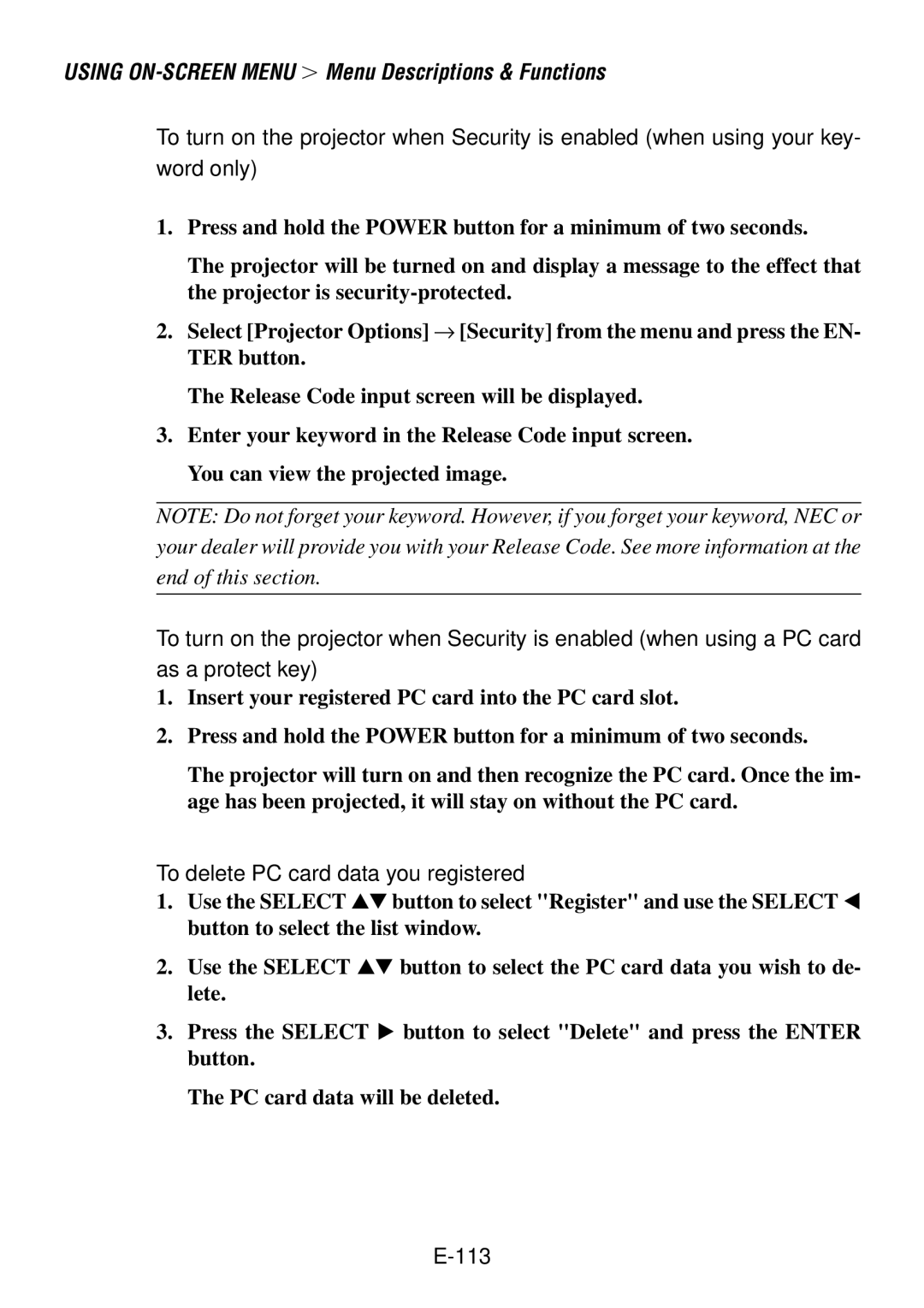 NEC LT260, LT240 user manual To delete PC card data you registered 