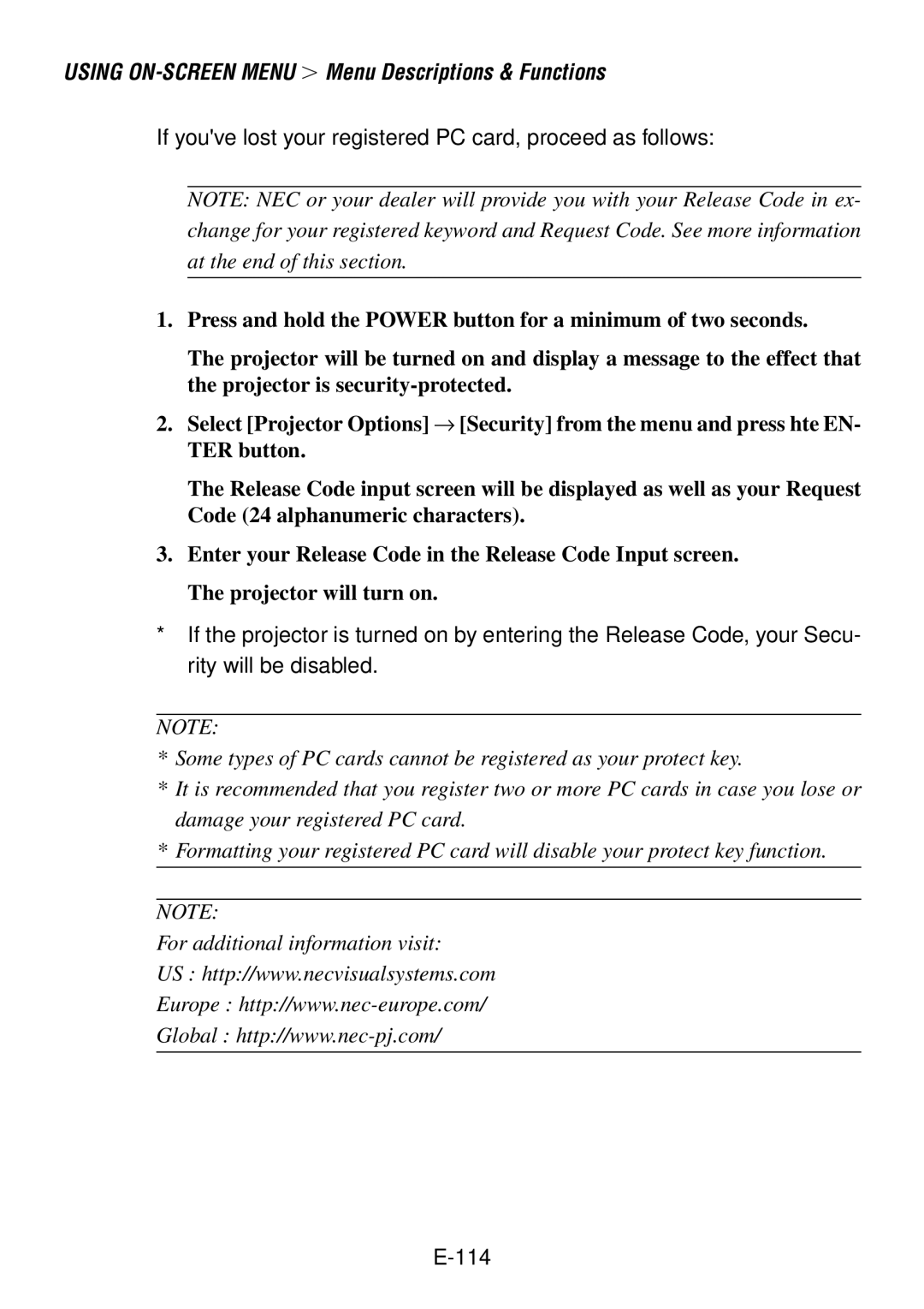 NEC LT240, LT260 user manual If youve lost your registered PC card, proceed as follows 