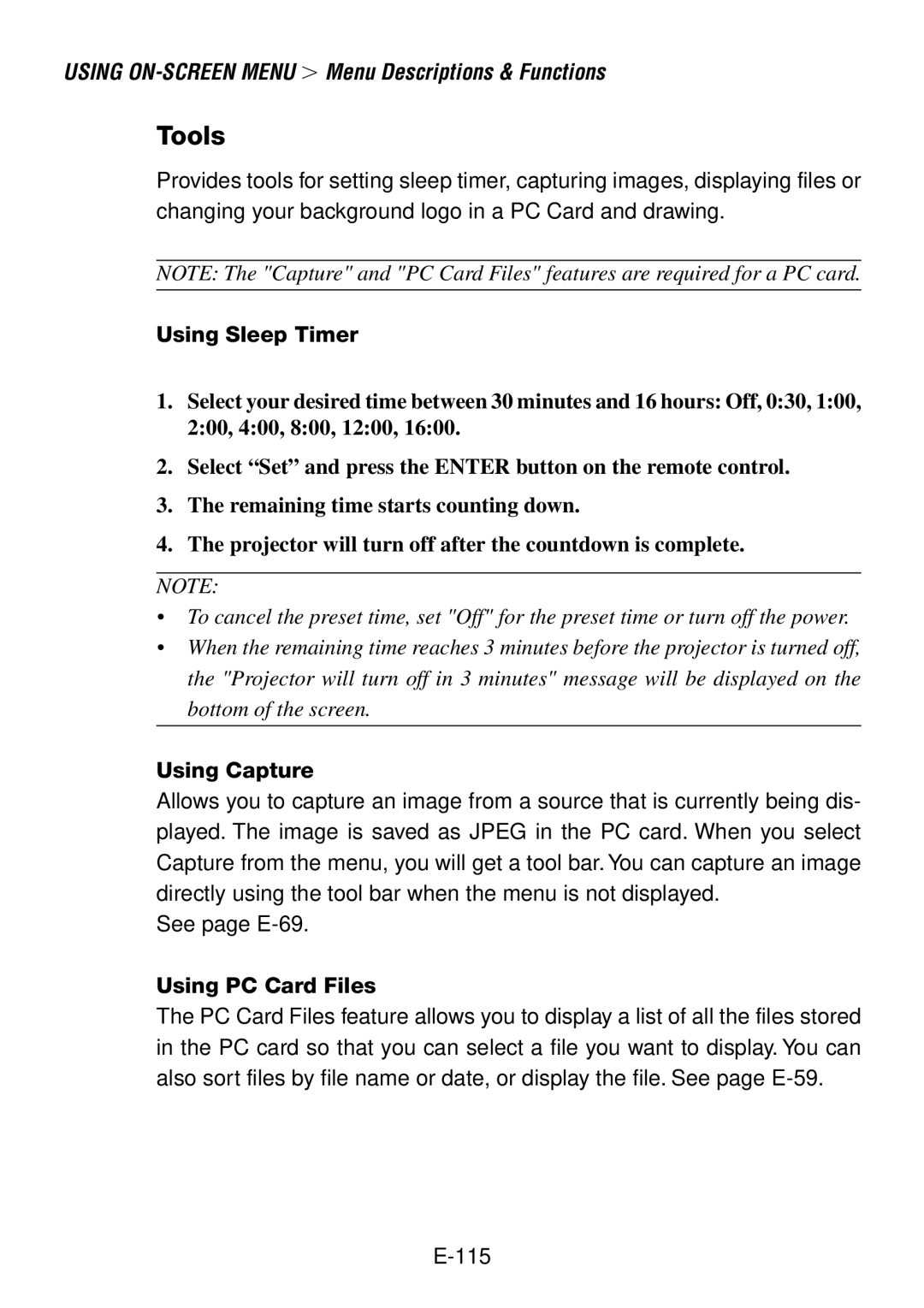 NEC LT260, LT240 user manual Tools, Using Sleep Timer, Using Capture, Using PC Card Files 