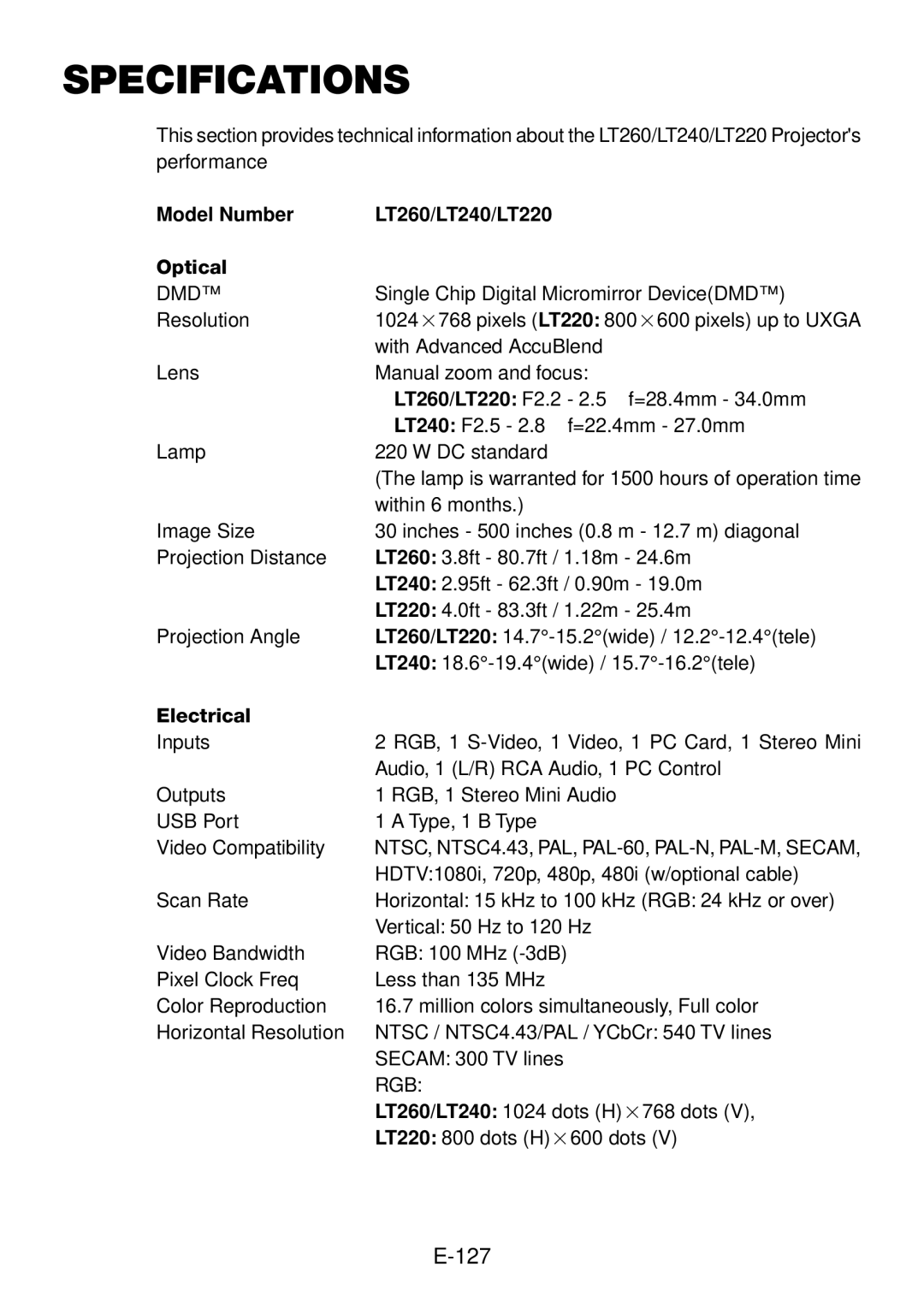 NEC LT260, LT240 user manual Specifications 