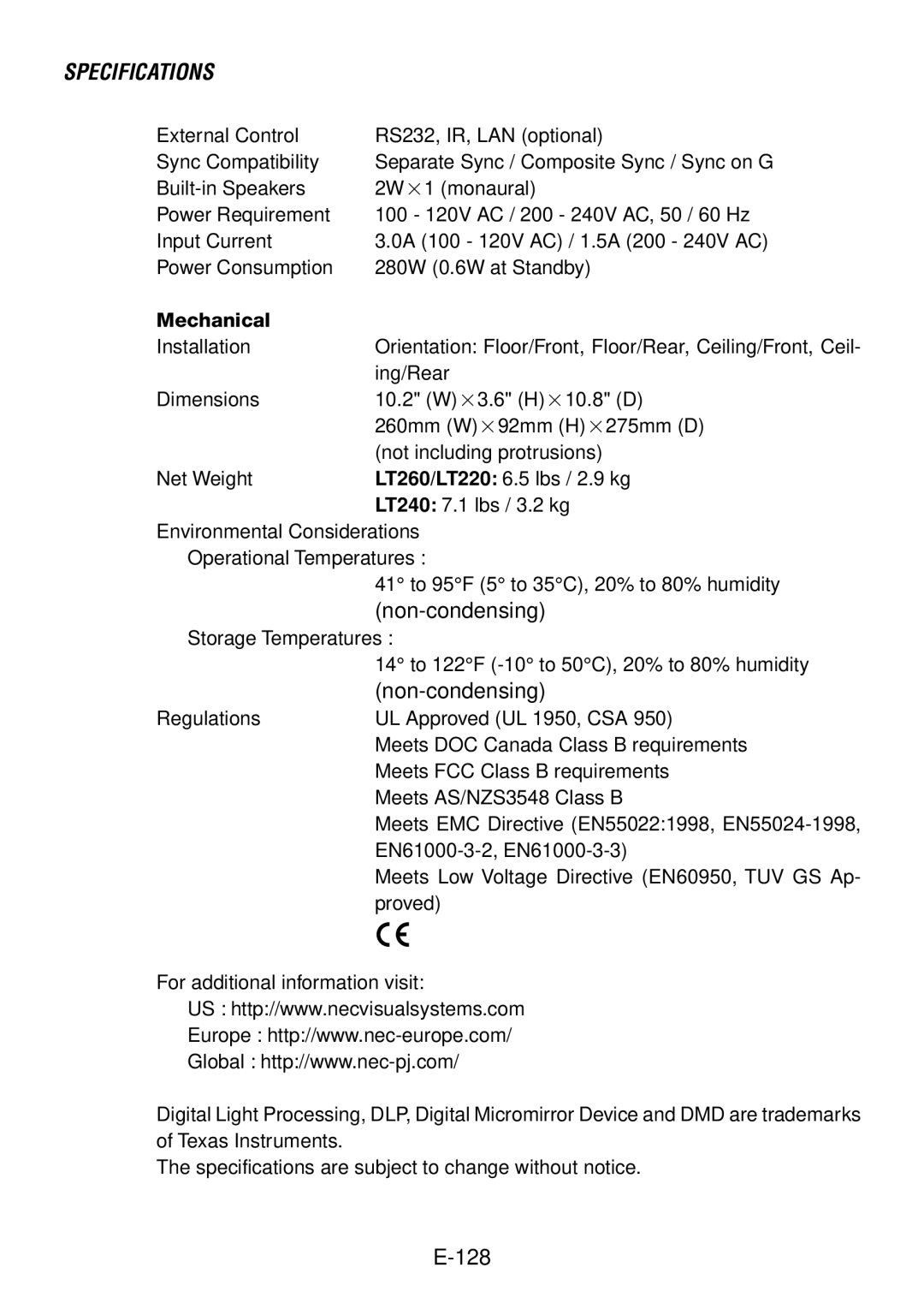 NEC LT240, LT260 user manual Specifications 