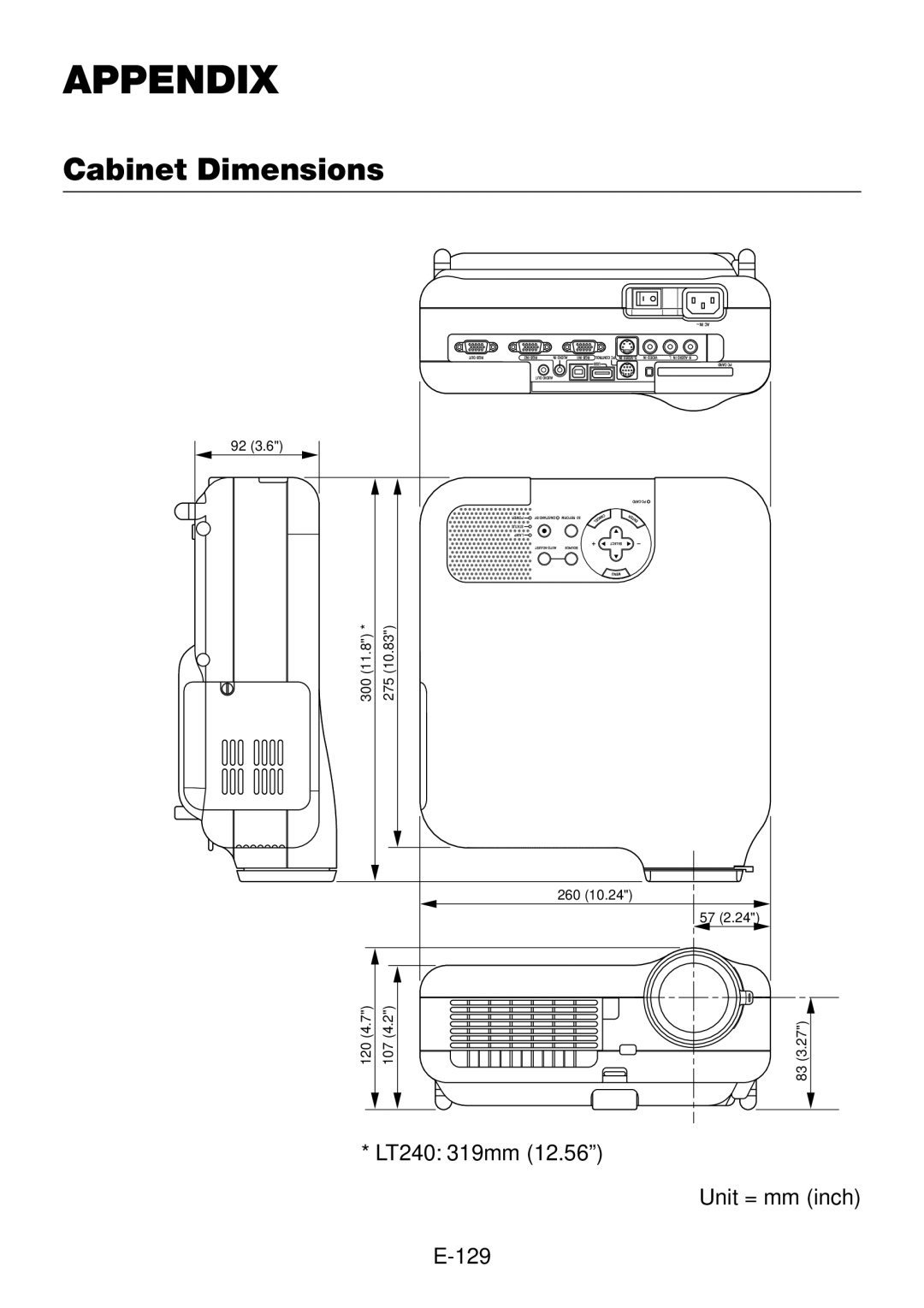 NEC LT260, LT240 user manual Appendix, Cabinet Dimensions 