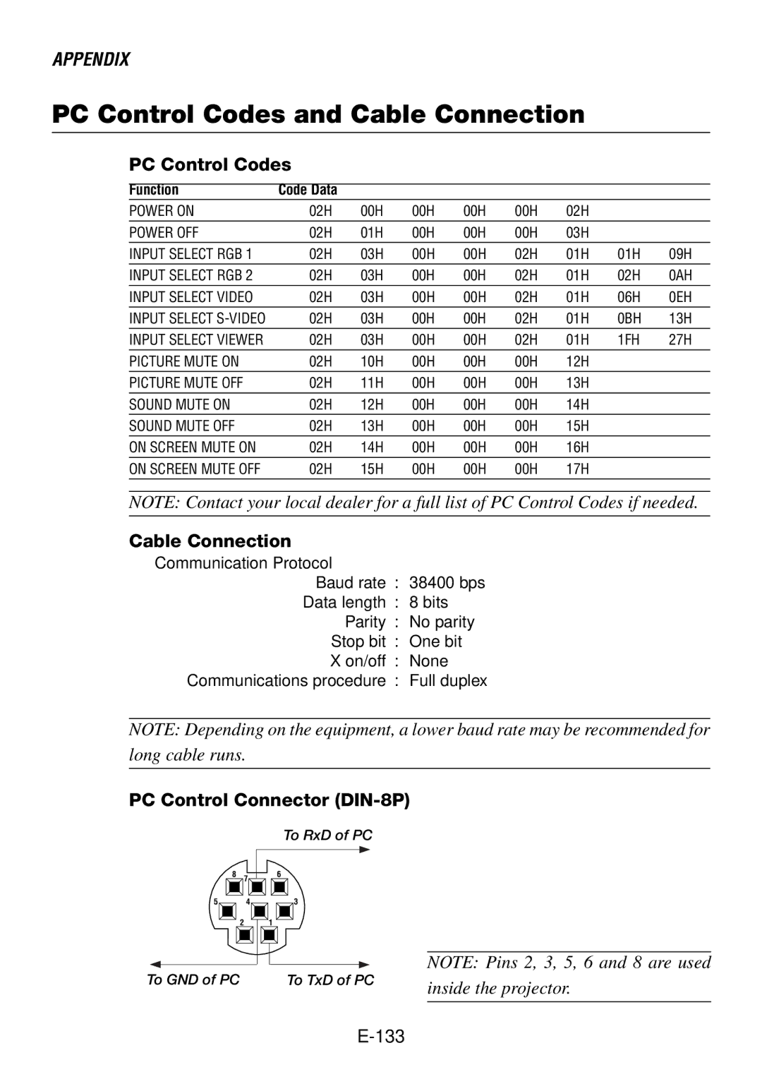 NEC LT260, LT240 user manual PC Control Codes and Cable Connection, PC Control Connector DIN-8P 