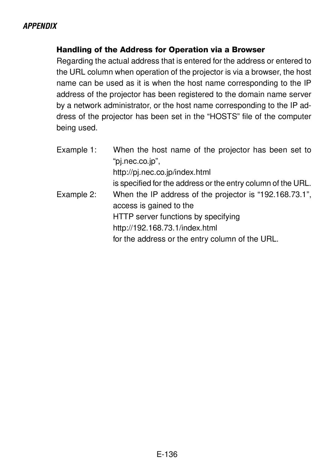 NEC LT240, LT260 user manual Handling of the Address for Operation via a Browser 