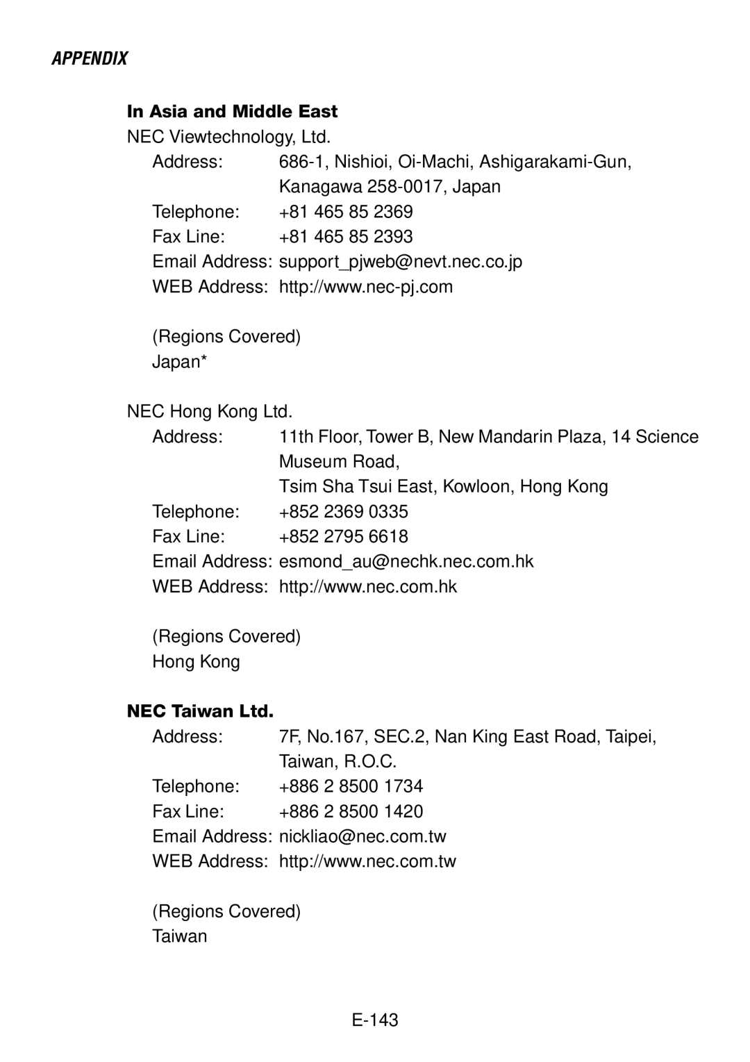 NEC LT260, LT240 user manual Asia and Middle East 