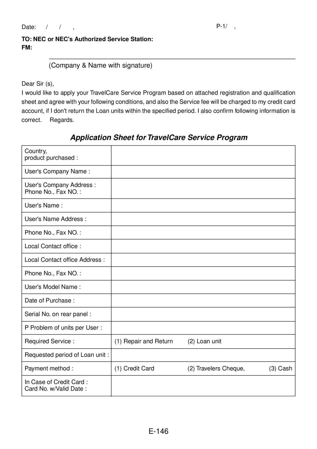 NEC LT240, LT260 user manual Application Sheet for TravelCare Service Program 