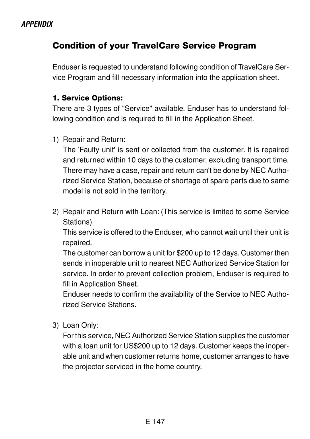 NEC LT260, LT240 user manual Condition of your TravelCare Service Program, Service Options 