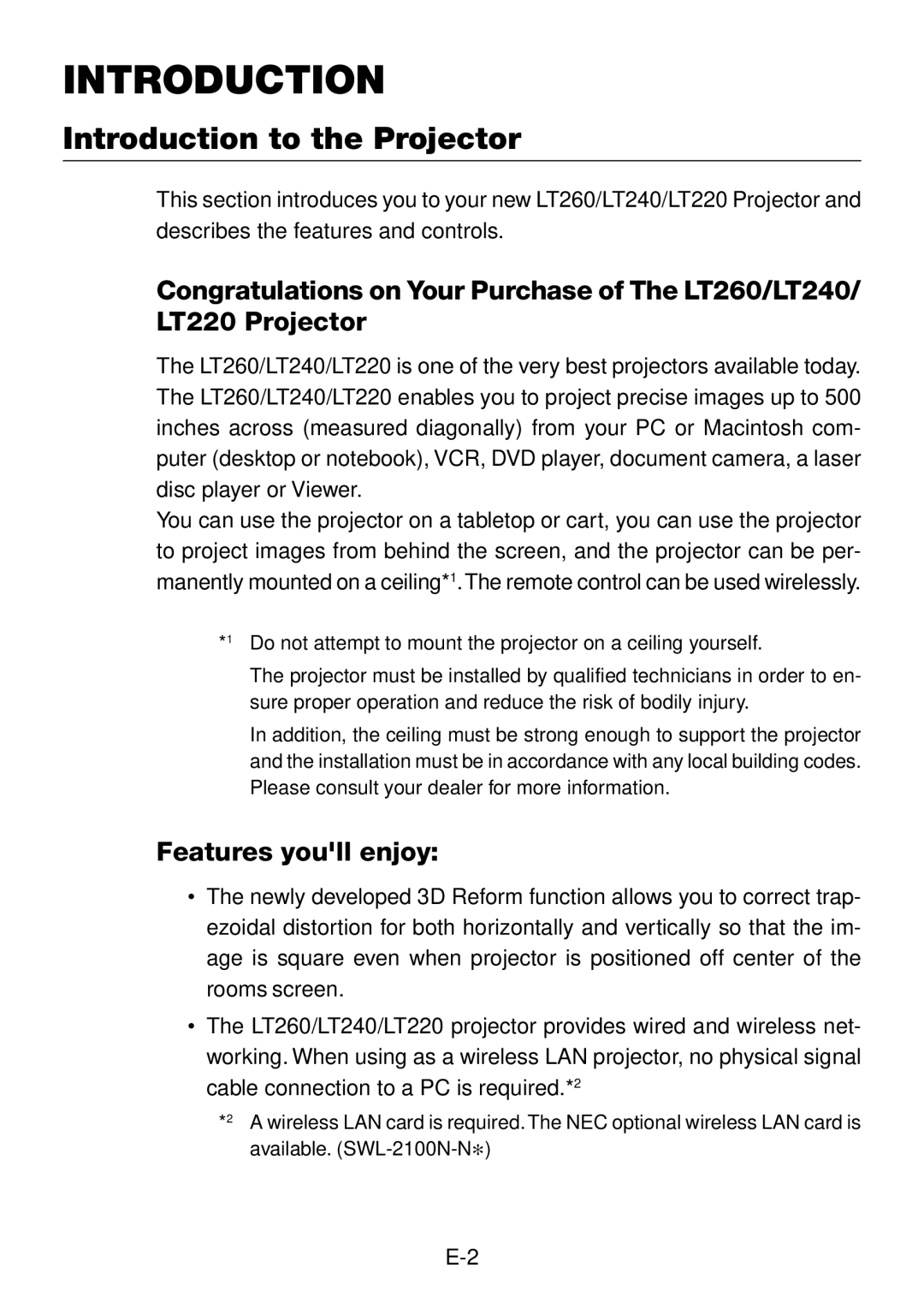 NEC LT240, LT260 user manual Introduction to the Projector, Features youll enjoy 