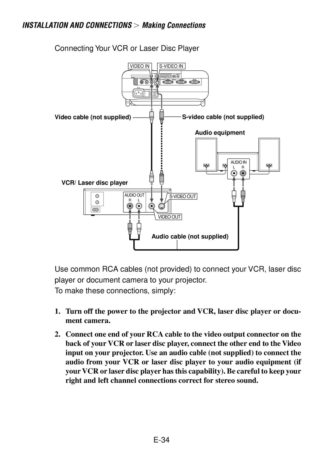 NEC LT240, LT260 user manual Connecting Your VCR or Laser Disc Player 