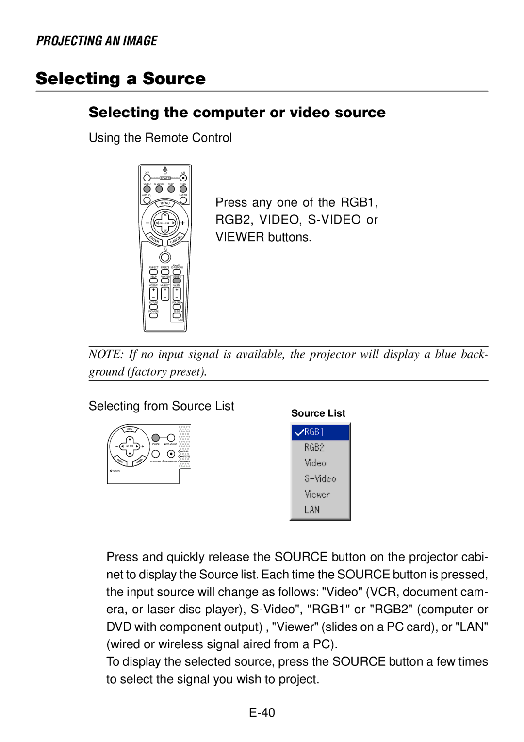 NEC LT240, LT260 user manual Selecting a Source, Selecting the computer or video source 