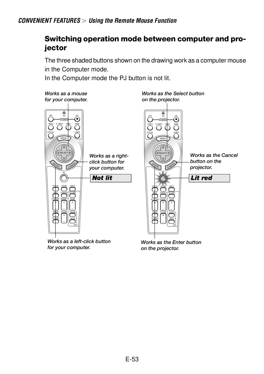 NEC LT260, LT240 user manual Switching operation mode between computer and pro- jector, Lit red 