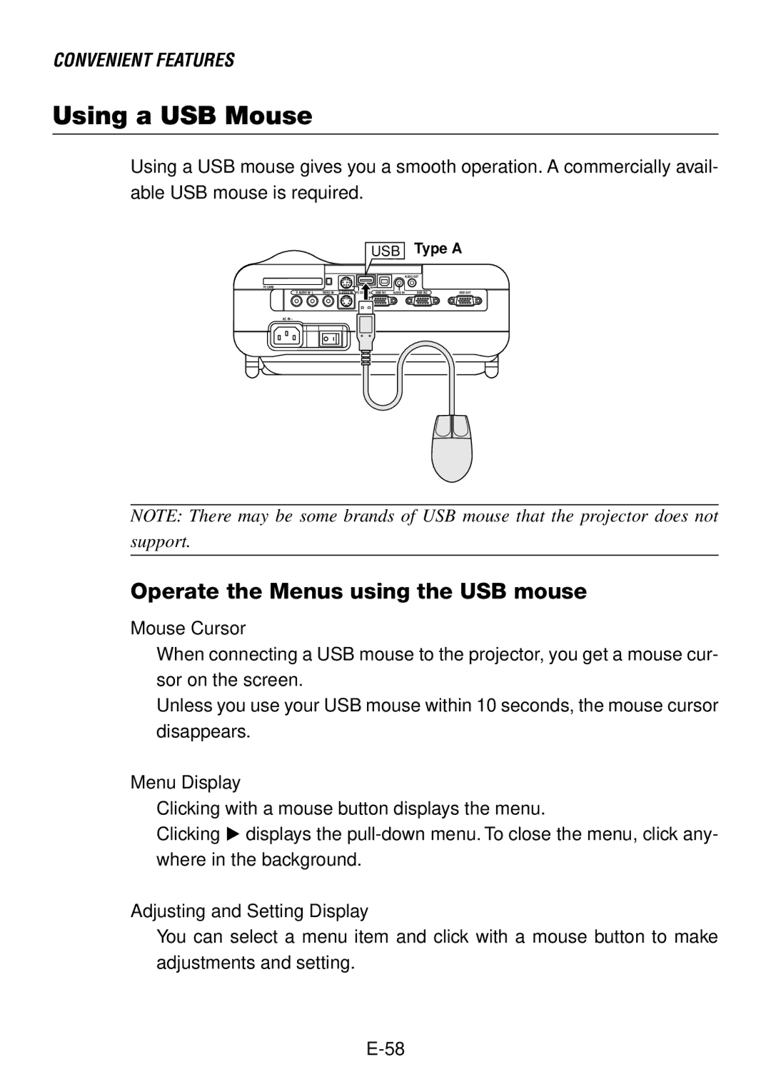 NEC LT240, LT260 user manual Using a USB Mouse, Operate the Menus using the USB mouse 