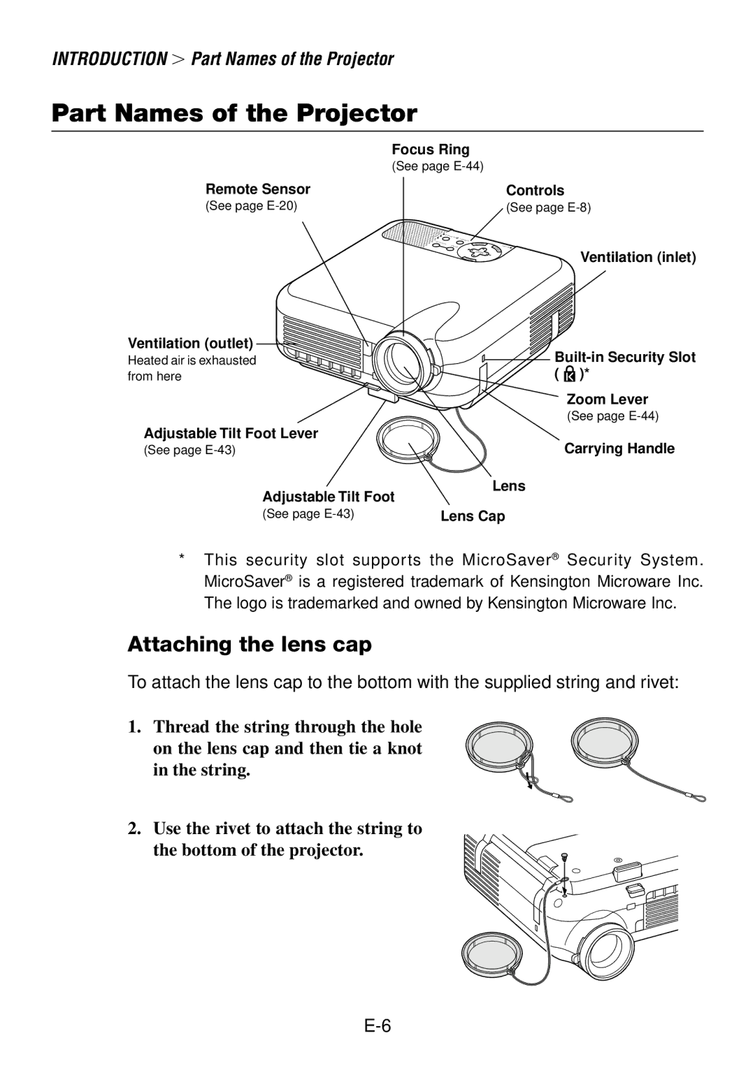 NEC LT240, LT260 user manual Part Names of the Projector, Attaching the lens cap 