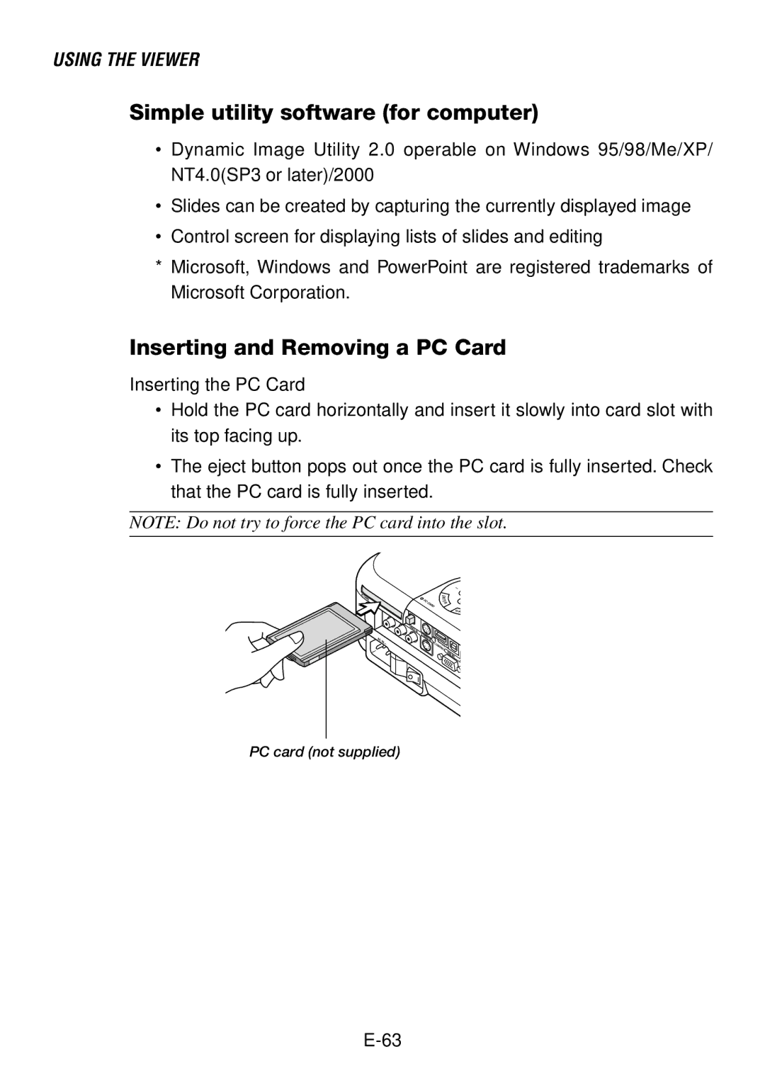 NEC LT260, LT240 user manual Simple utility software for computer, Inserting and Removing a PC Card 