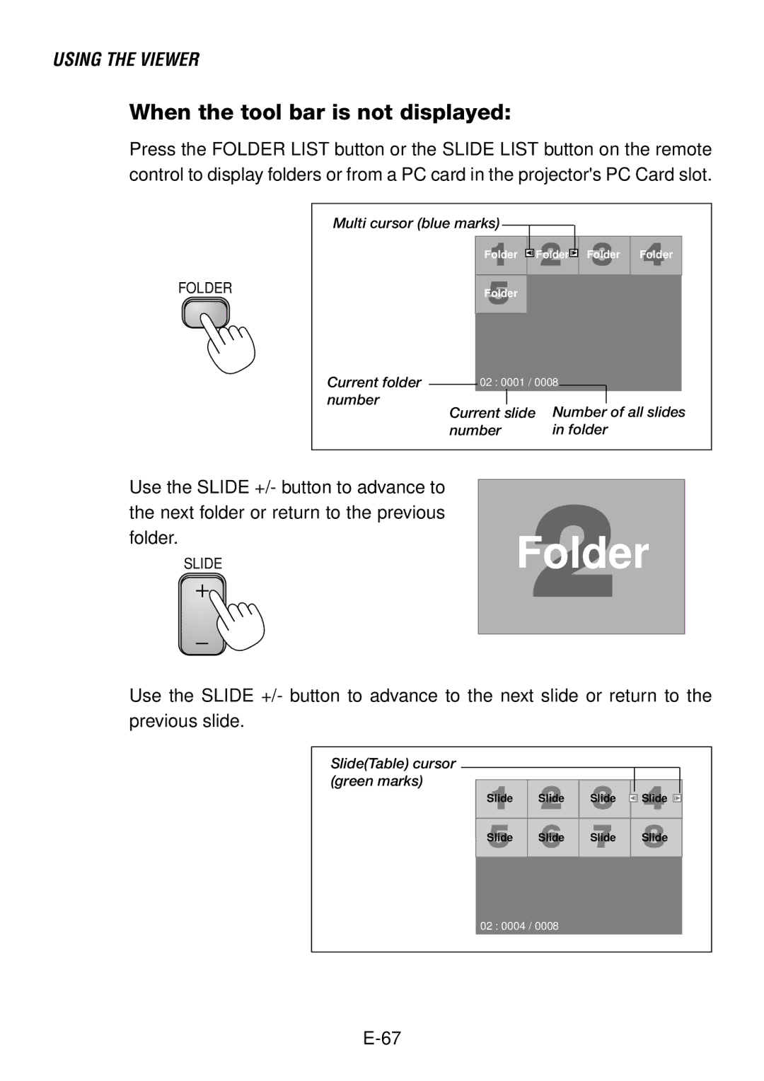 NEC LT260, LT240 user manual Folder, When the tool bar is not displayed 