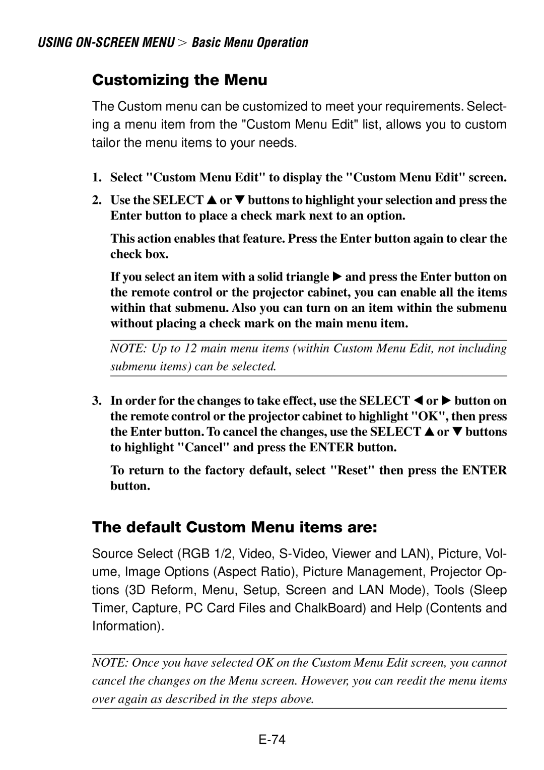 NEC LT240, LT260 user manual Customizing the Menu, Default Custom Menu items are 